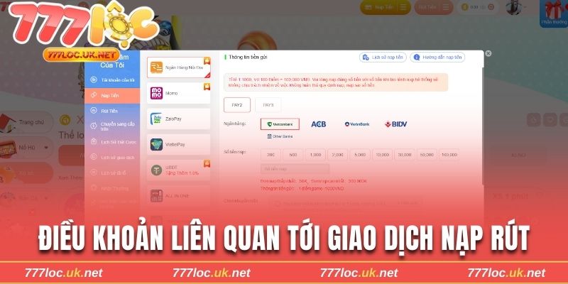 Điều khoản liên quan tới giao dịch thanh toán nạp rút